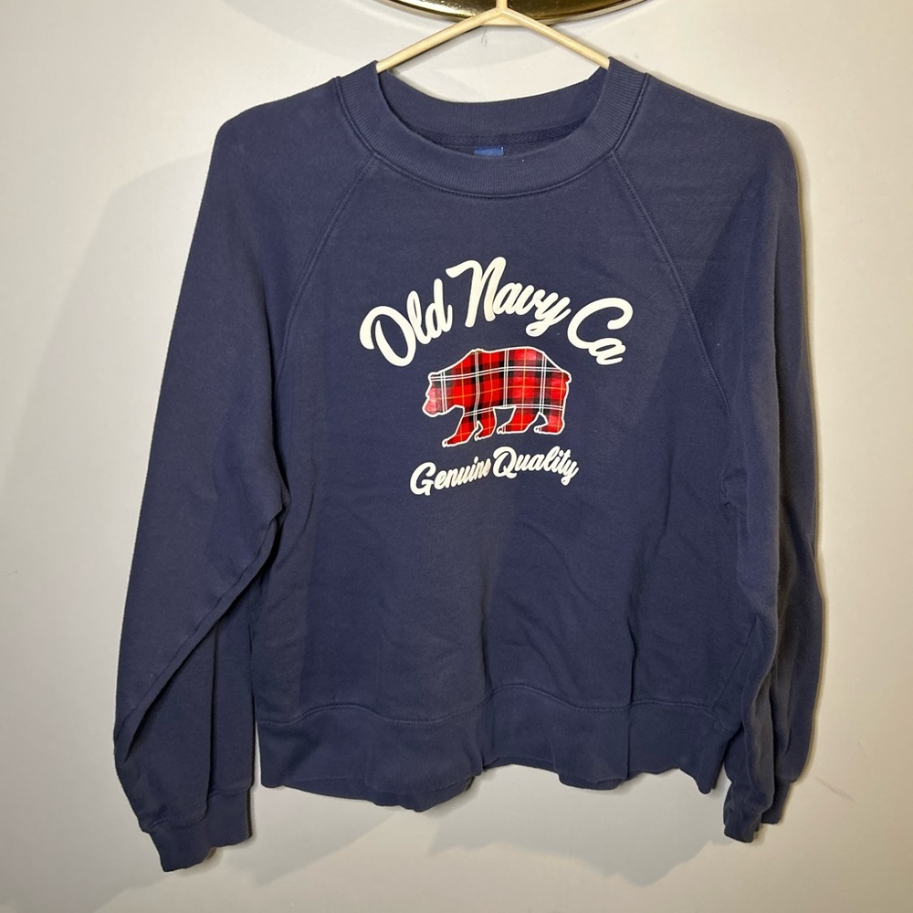 Old Navy Navy Sweatshirt with Plaid Bear Graphic